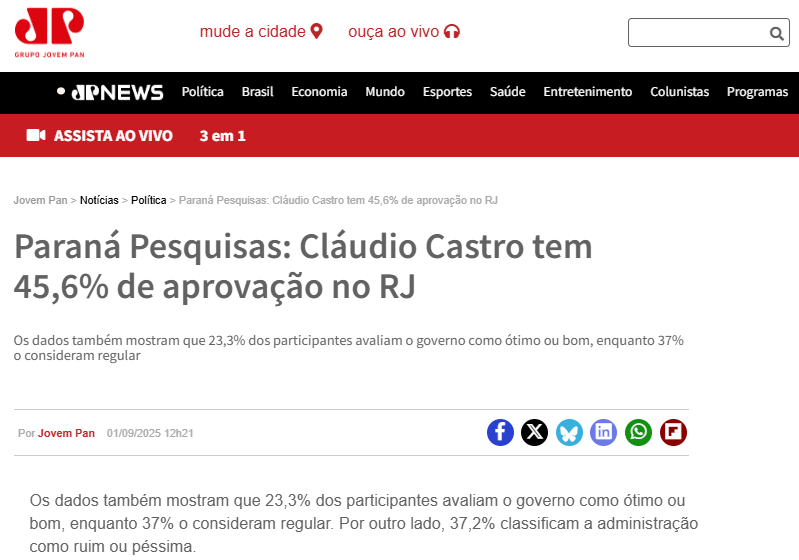 Jovem Pan cita pesquisa realizada pela Paraná Pesquisas no Estado do Rio de Janeiro.