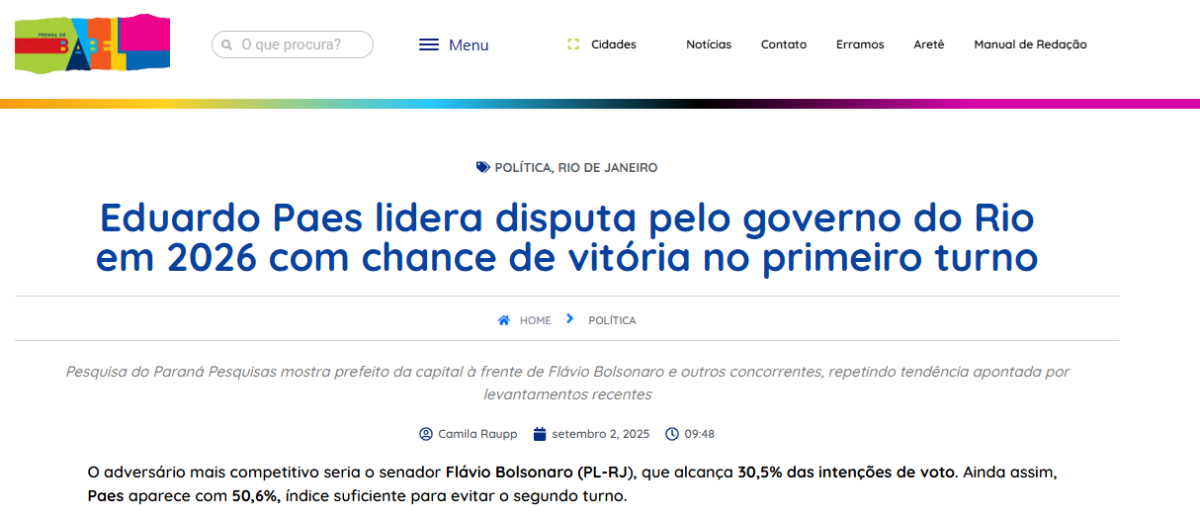 Prensa de Babel cita pesquisa realizada pela Paraná Pesquisas no Estado do Rio de Janeiro.
