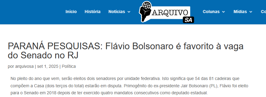 Arquivo SA cita pesquisa realizada pela Paraná Pesquisas no Estado do Rio de Janeiro. 2 Arquivo SA cita pesquisa realizada pela Paraná Pesquisas no Estado do Rio de Janeiro.