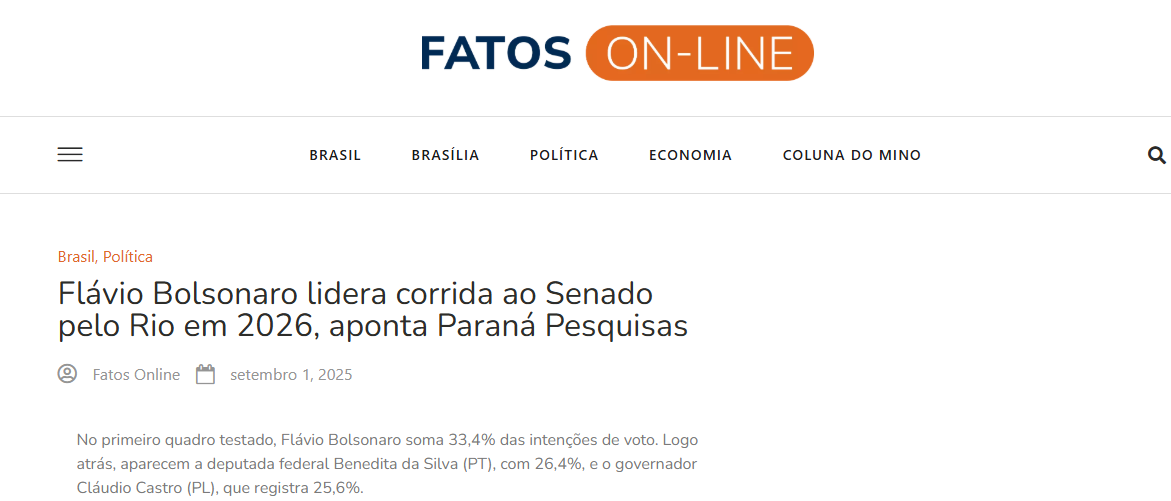 Fatos Online cita pesquisa realizada pela Paraná Pesquisas no Estado do Rio de Janeiro.