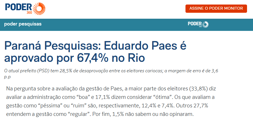 Poder 360 cita pesquisa realizada pela Paraná Pesquisas no Município do Rio de Janeiro.