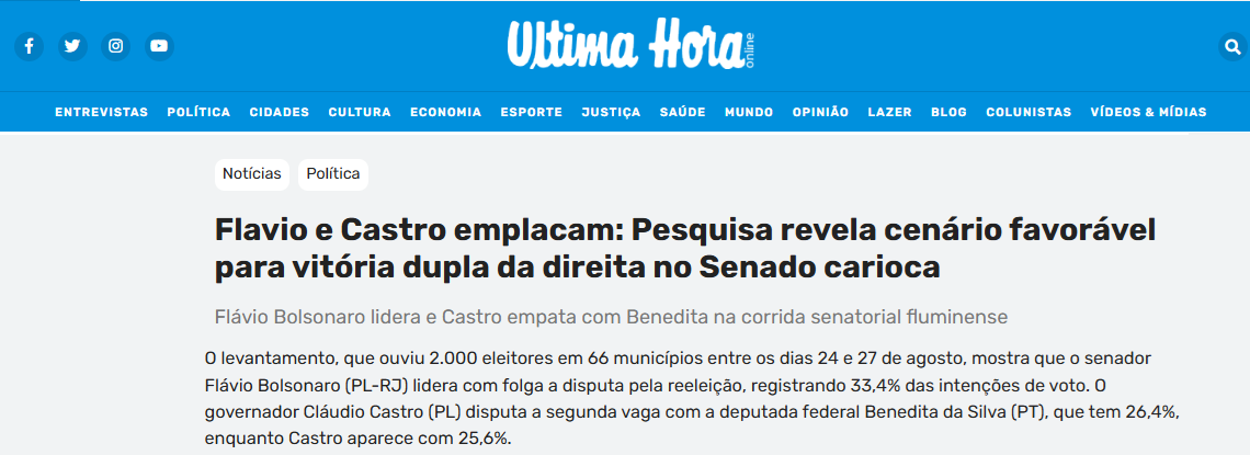 Última Hora cita pesquisa realizada pela Paraná Pesquisas no Estado do Rio de Janeiro.