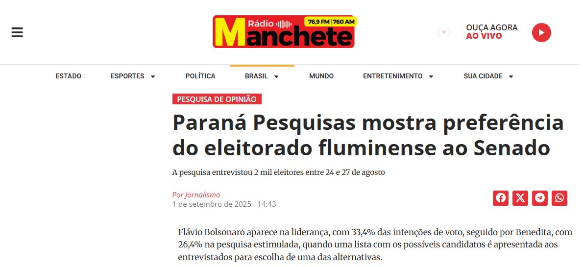 Rádio Manchete Rio cita pesquisa realizada pela Paraná Pesquisas no Estado do Rio de Janeiro.