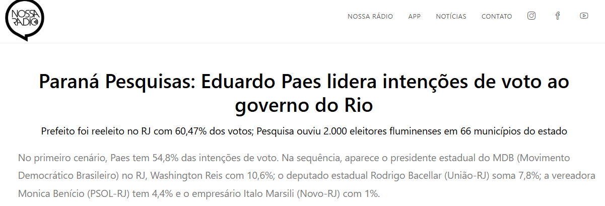 Nossa Rádio cita pesquisa realizada pela Paraná Pesquisas no Estado do Rio de Janeiro.