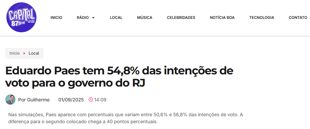 Capital FM Rádio cita pesquisa realizada pela Paraná Pesquisas no Estado do Rio de Janeiro.