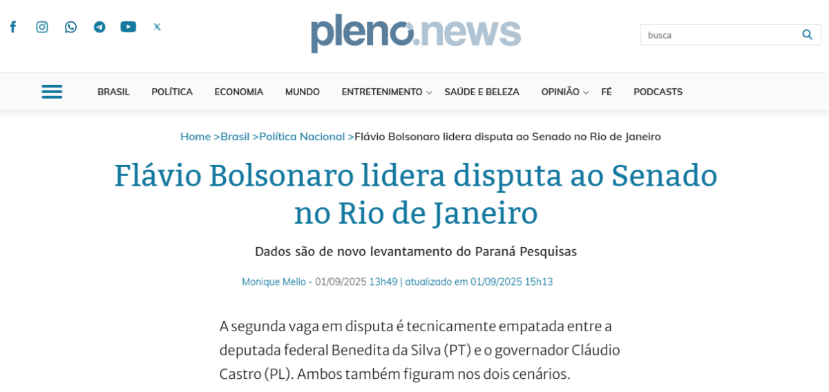 Pleno News cita pesquisa realizada pela Paraná Pesquisas no Estado do Rio de Janeiro.