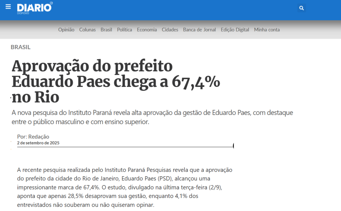 Diário do Povo cita pesquisa realizada pela Paraná Pesquisas no Município do Rio de Janeiro.