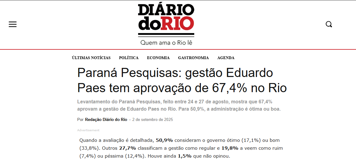 Diário do Rio cita pesquisa realizada pela Paraná Pesquisas no Município do Rio de Janeiro. 2 Diário do Rio cita pesquisa realizada pela Paraná Pesquisas no Município do Rio de Janeiro.