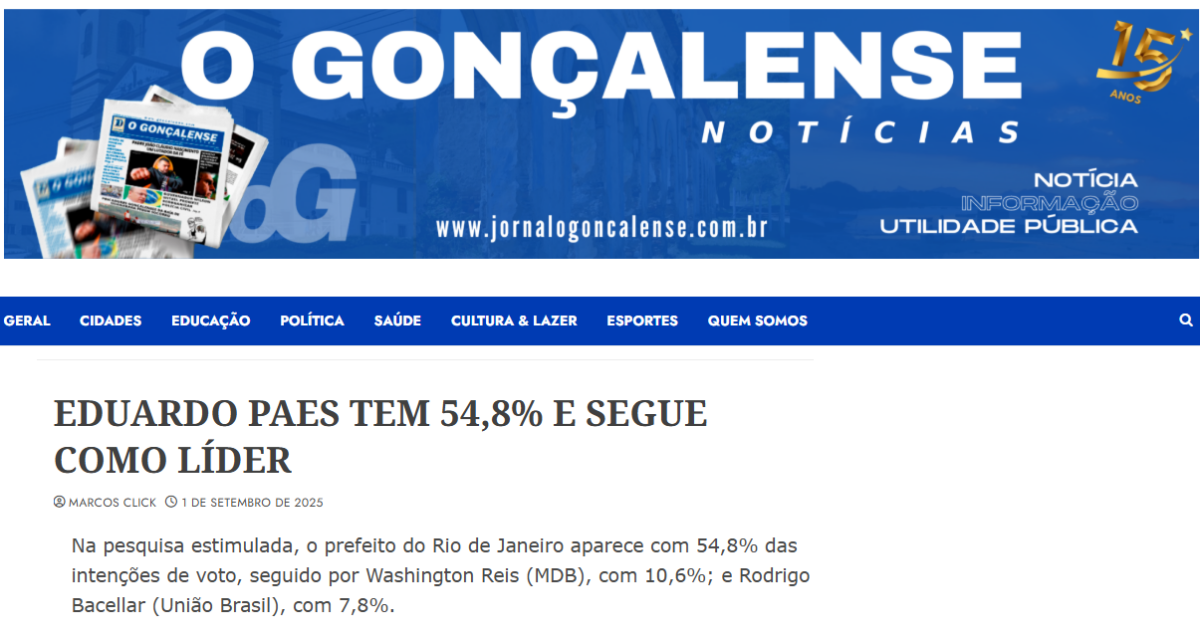 Jornal Gonçalense cita pesquisa realizada pela Paraná Pesquisas no Estado do Rio de Janeiro.