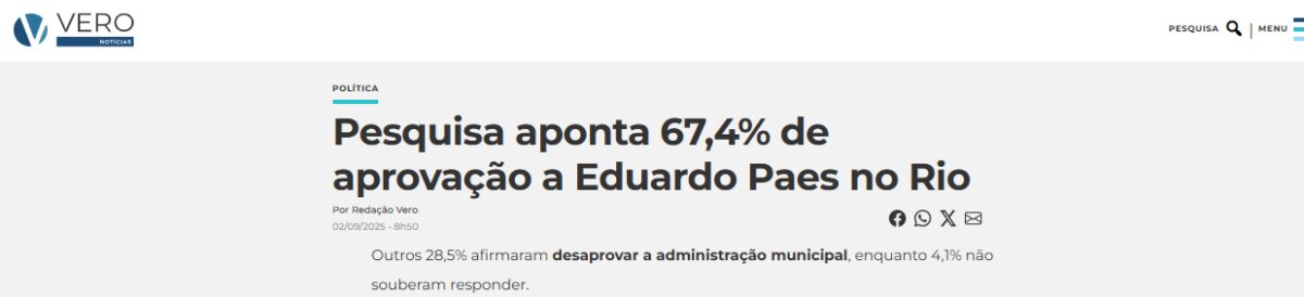 Vero Notícias cita pesquisa realizada pela Paraná Pesquisas no Município do Rio de Janeiro.