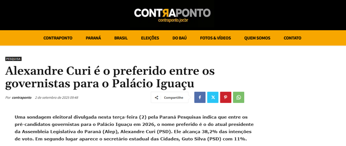 Contra Ponto cita pesquisa realizada pela Paraná Pesquisas no Município de Curitiba e RMC.