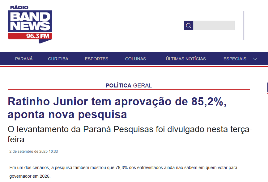 Rádio Band News cita pesquisa realizada pela Paraná Pesquisas no Município de Curitiba e RMC. 2 Rádio Band News cita pesquisa realizada pela Paraná Pesquisas no Município de Curitiba e RMC.