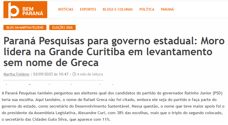 Bem Paraná cita pesquisa realizada pela Paraná Pesquisas no Município de Curitiba e RMC. 2 Bem Paraná cita pesquisa realizada pela Paraná Pesquisas no Município de Curitiba e RMC.