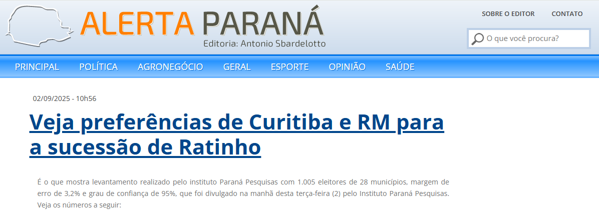Alerta Paraná cita pesquisa realizada pela Paraná Pesquisas no Município de Curitiba e RMC.