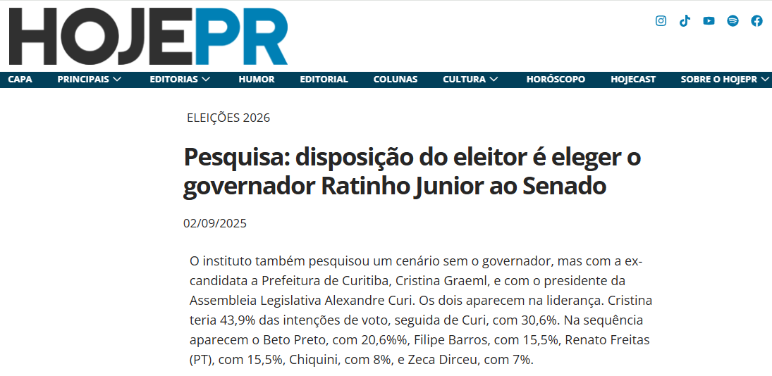 Hoje PR cita pesquisa realizada pela Paraná Pesquisas no Município de Curitiba e RMC. 2 Hoje PR cita pesquisa realizada pela Paraná Pesquisas no Município de Curitiba e RMC.