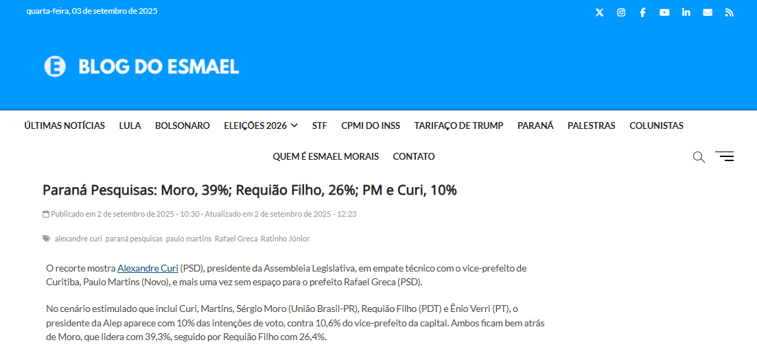 Blog do Esmael cita pesquisa realizada pela Paraná Pesquisas no Município de Curitiba e RMC. 2 Blog do Esmael cita pesquisa realizada pela Paraná Pesquisas no Município de Curitiba e RMC.
