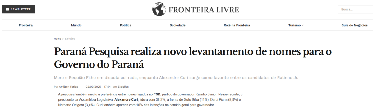 Fronteira Livre cita pesquisa realizada pela Paraná Pesquisas no Município de Curitiba e RMC.