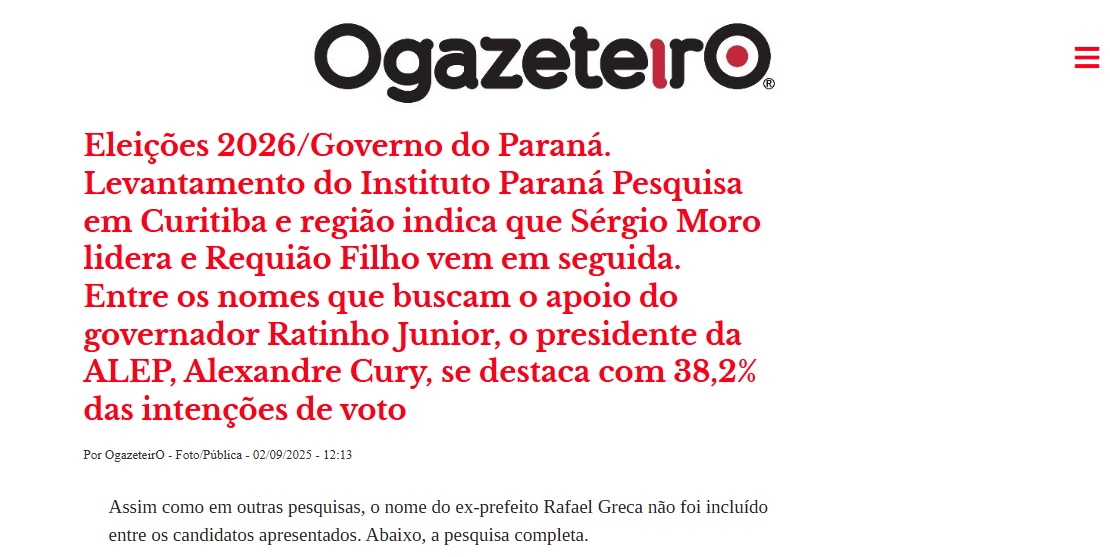 O Gazeteiro cita pesquisa realizada pela Paraná Pesquisas no Município de Curitiba e RMC. 2 O Gazeteiro cita pesquisa realizada pela Paraná Pesquisas no Município de Curitiba e RMC.