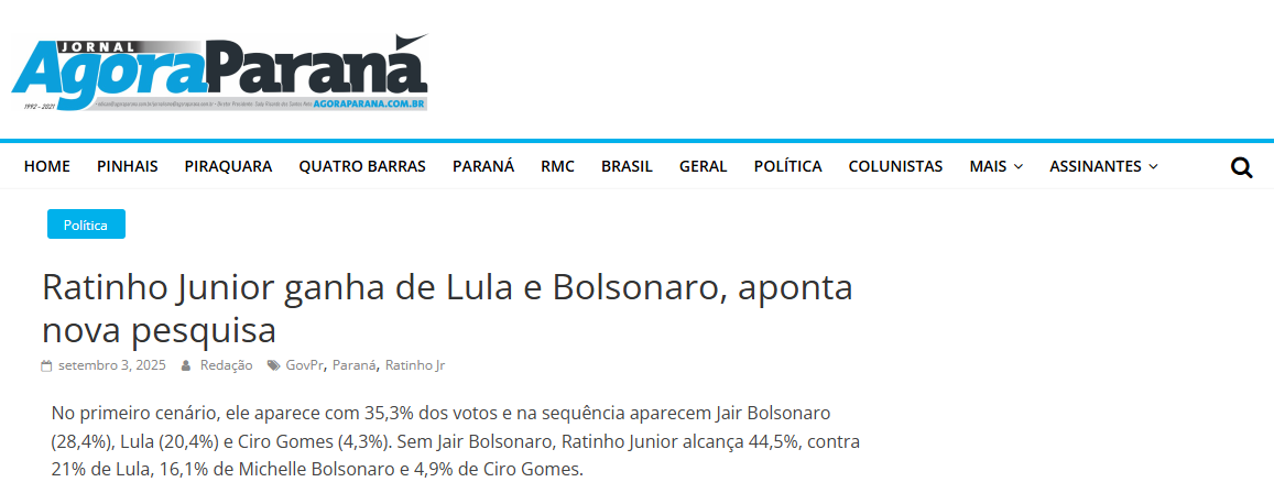Jornal Agora Paraná cita pesquisa realizada pela Paraná Pesquisas no Município de Curitiba e RMC.