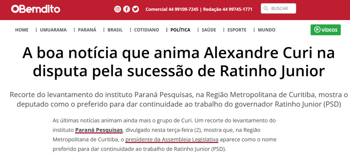 O Bem Dito cita pesquisa realizada pela Paraná Pesquisas no Município de Curitiba e RMC. 2 O Bem Dito cita pesquisa realizada pela Paraná Pesquisas no Município de Curitiba e RMC.