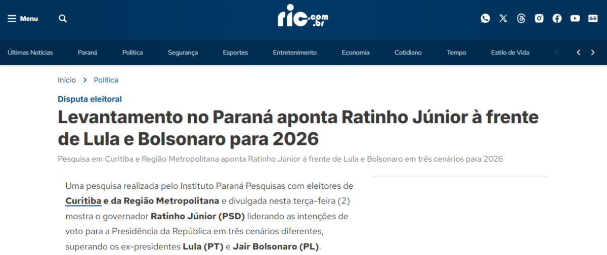 RIC cita pesquisa realizada pela Paraná Pesquisas no Município de Curitiba e RMC.