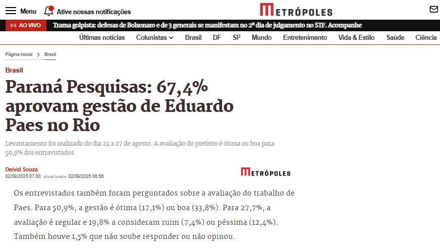 Metrópoles cita pesquisa realizada pela Paraná Pesquisas no Município do Rio de Janeiro. 2 Metrópoles cita pesquisa realizada pela Paraná Pesquisas no Município do Rio de Janeiro.