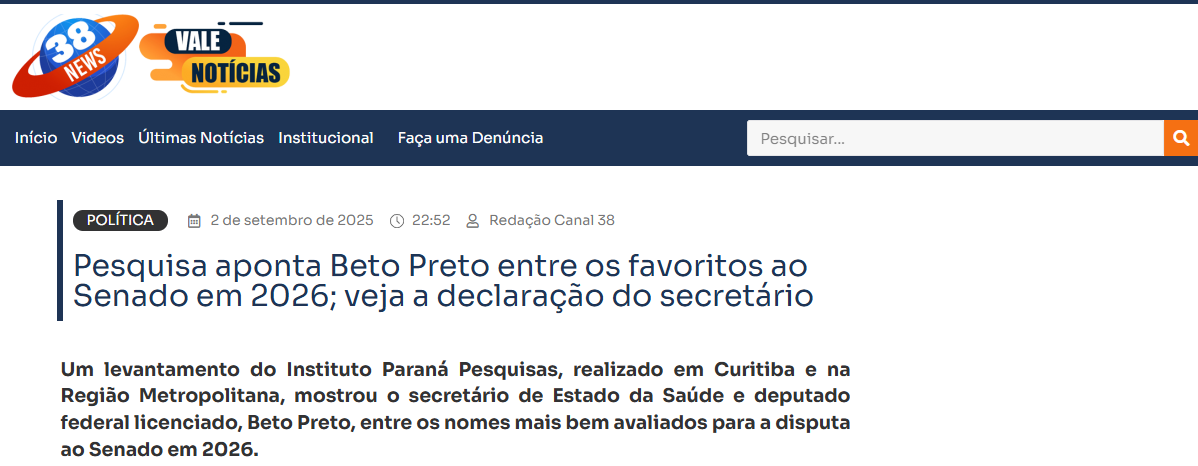 Canal 38 cita pesquisa realizada pela Paraná Pesquisas no Município de Curitiba e RMC. 2 Canal 38 cita pesquisa realizada pela Paraná Pesquisas no Município de Curitiba e RMC.