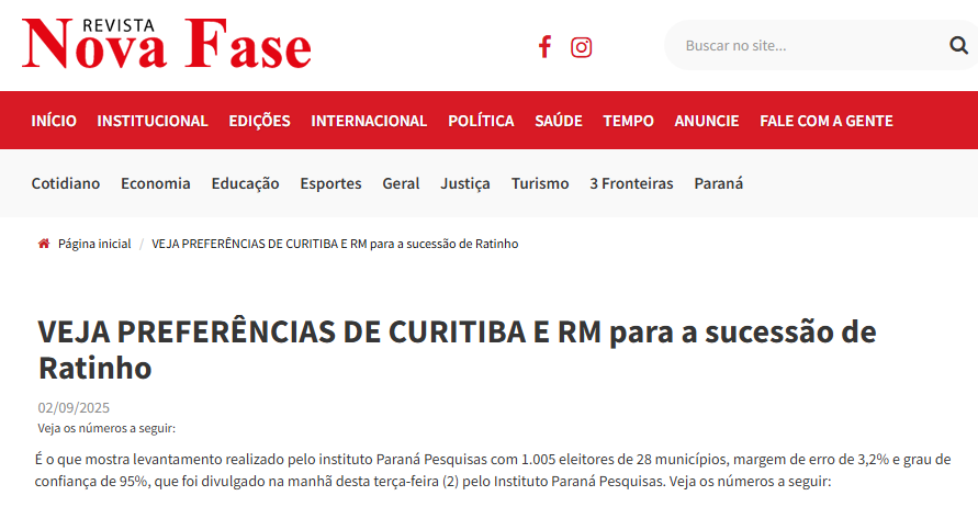 Revista Nova Fase cita pesquisa realizada pela Paraná Pesquisas no Município de Curitiba e RMC.