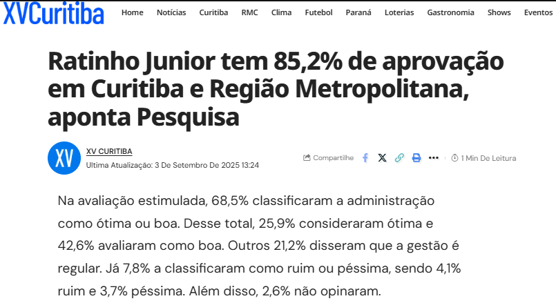 XV Curitiba cita pesquisa realizada pela Paraná Pesquisas no Município de Curitiba e RMC. 2 XV Curitiba cita pesquisa realizada pela Paraná Pesquisas no Município de Curitiba e RMC.