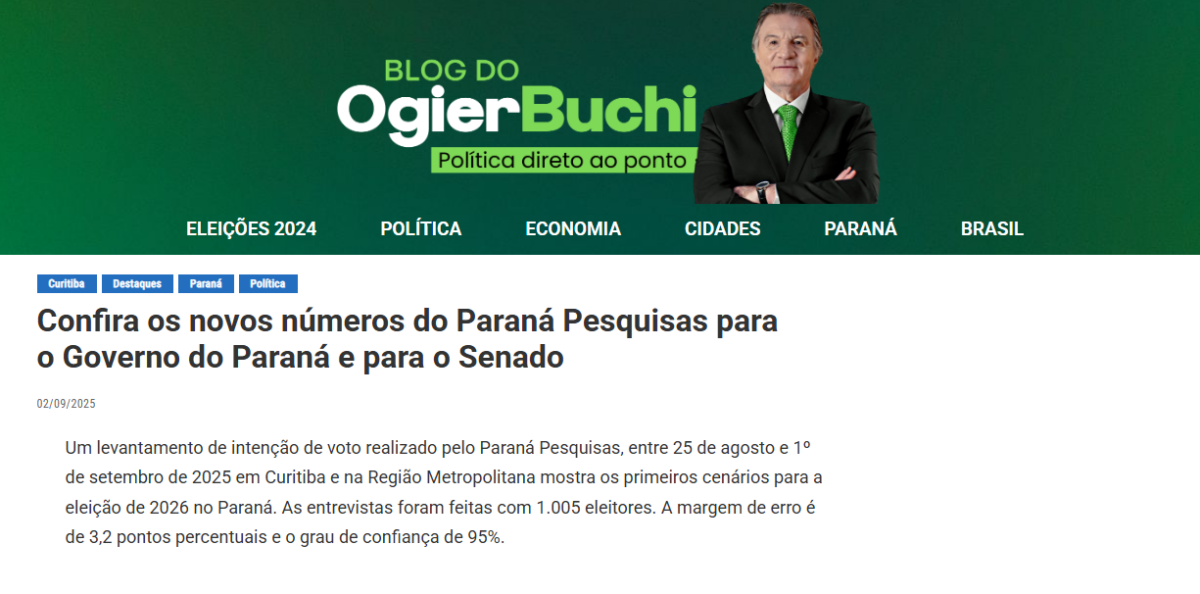 Blog do Ogier Buchi cita pesquisa realizada pela Paraná Pesquisas no Município de Curitiba e RMC.