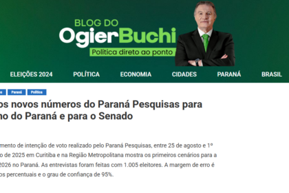 Blog do Ogier Buchi cita pesquisa realizada pela Paraná Pesquisas no Município de Curitiba e RMC.
