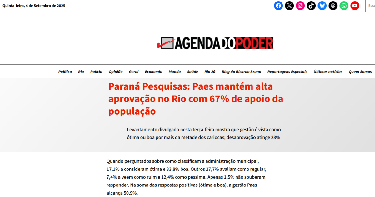 Agenda do Poder cita pesquisa realizada pela Paraná Pesquisas no Município do Rio de Janeiro.