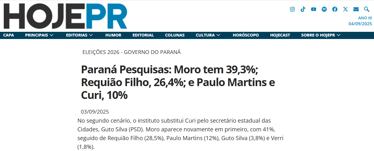 Hoje PR cita pesquisa realizada pela Paraná Pesquisas no Município de Curitiba e RMC. 2 Hoje PR cita pesquisa realizada pela Paraná Pesquisas no Município de Curitiba e RMC.