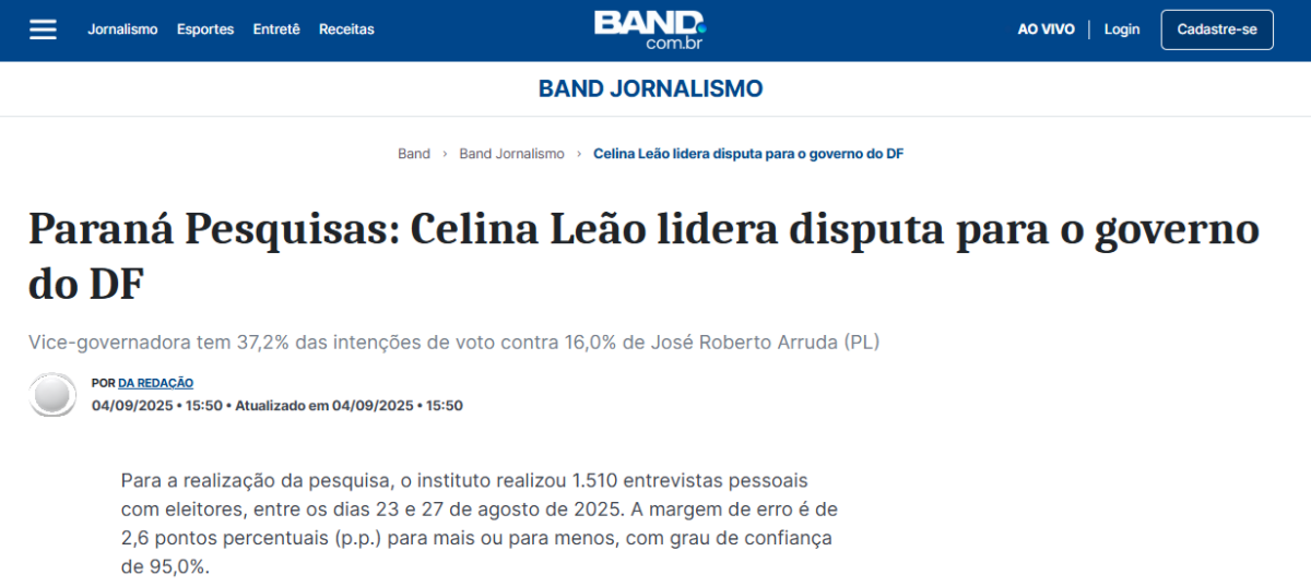 Band cita pesquisa realizada pela Paraná Pesquisas no Distrito Federal.