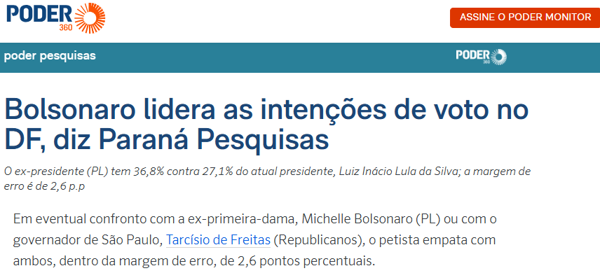 Poder 360 cita pesquisa realizada pela Paraná Pesquisas no Distrito Federal.