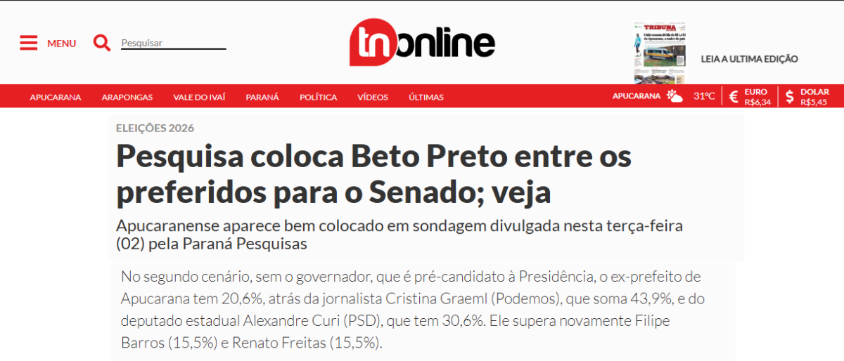 TN Online cita pesquisa realizada pela Paraná Pesquisas no Município de Curitiba e RMC.