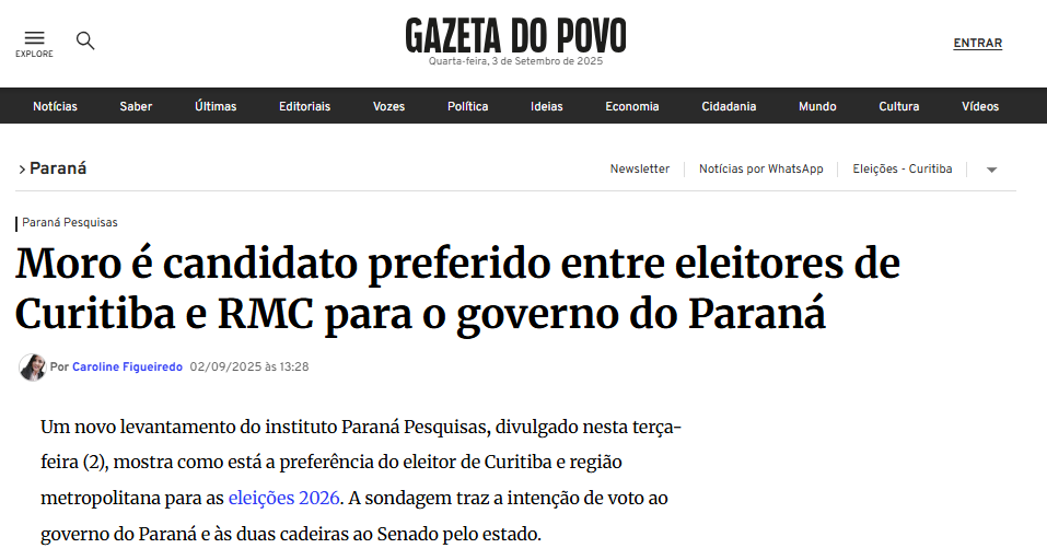 Gazeta do Povo cita pesquisa realizada pela Paraná Pesquisas no Município de Curitiba e RMC. 2 Gazeta do Povo cita pesquisa realizada pela Paraná Pesquisas no Município de Curitiba e RMC.