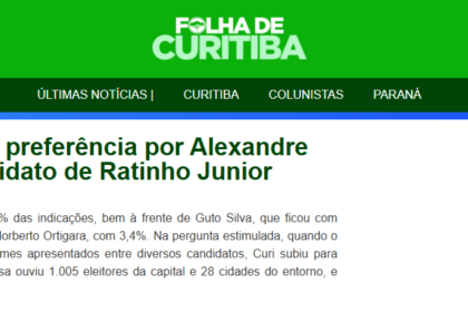 Folha de Curitiba cita pesquisa realizada pela Paraná Pesquisas no Município de Curitiba e RMC.