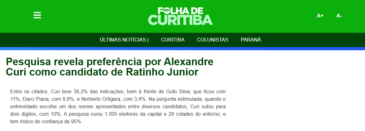 Folha de Curitiba cita pesquisa realizada pela Paraná Pesquisas no Município de Curitiba e RMC.