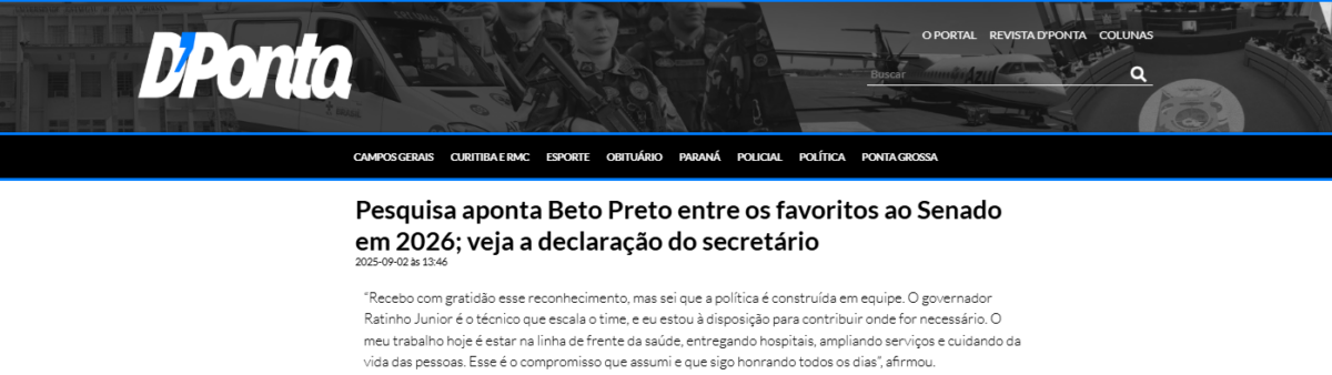 D'Ponta cita pesquisa realizada pela Paraná Pesquisas no Município de Curitiba e RMC. 2 D'Ponta cita pesquisa realizada pela Paraná Pesquisas no Município de Curitiba e RMC.