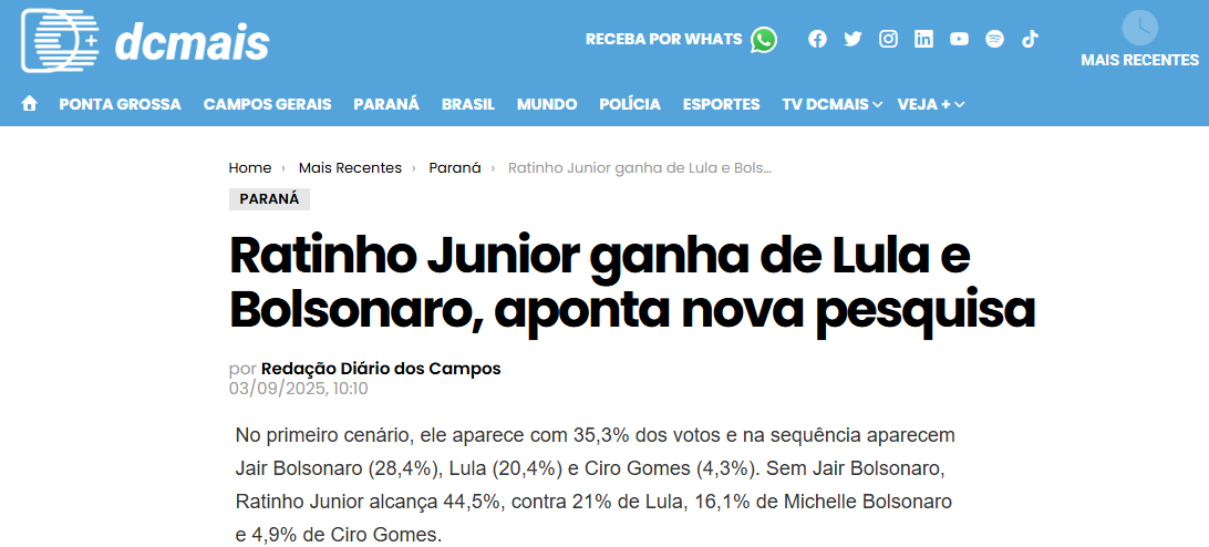 DC Mais cita pesquisa realizada pela Paraná Pesquisas no Município de Curitiba e RMC.