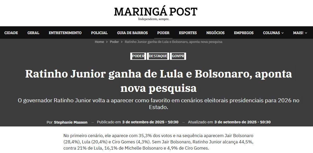 Maringá Post cita pesquisa realizada pela Paraná Pesquisas no Município de Curitiba e RMC.