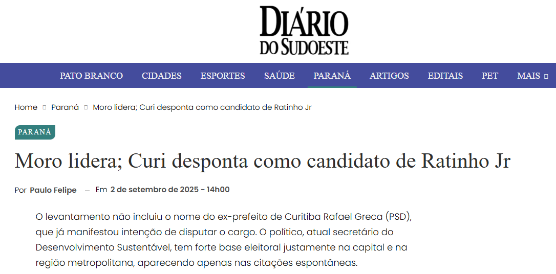 Diário do Sudoeste cita pesquisa realizada pela Paraná Pesquisas no Município de Curitiba e RMC. 2 Diário do Sudoeste cita pesquisa realizada pela Paraná Pesquisas no Município de Curitiba e RMC.