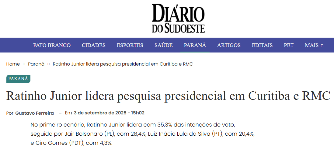 Diário do Sudoeste cita pesquisa realizada pela Paraná Pesquisas no Município de Curitiba e RMC.
