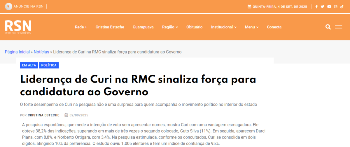 Rede Sul de Notícias cita pesquisa realizada pela Paraná Pesquisas no Município de Curitiba e RMC.