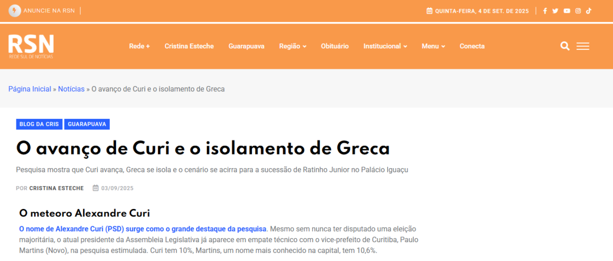 Rede Sul de Notícias cita pesquisa realizada pela Paraná Pesquisas no Município de Curitiba e RMC. 2 Rede Sul de Notícias cita pesquisa realizada pela Paraná Pesquisas no Município de Curitiba e RMC.