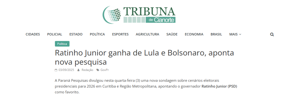 Tribuna de Cianorte cita pesquisa realizada pela Paraná Pesquisas no Município de Curitiba e RMC. 2 Tribuna de Cianorte cita pesquisa realizada pela Paraná Pesquisas no Município de Curitiba e RMC.