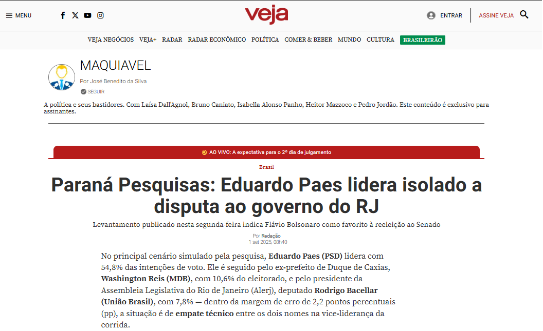 Veja cita pesquisa realizada pela Paraná Pesquisas no Estado do Rio de Janeiro. 2 Veja cita pesquisa realizada pela Paraná Pesquisas no Estado do Rio de Janeiro.