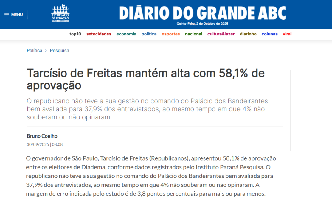 Diário do Grande ABC cita pesquisa realizada pela Paraná Pesquisas no Município de Diadema. 2 Diário do Grande ABC cita pesquisa realizada pela Paraná Pesquisas no Município de Diadema.