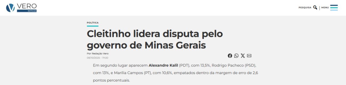Vero Notícias cita pesquisa realizada pela Paraná Pesquisas no Estado de Minas Gerais.